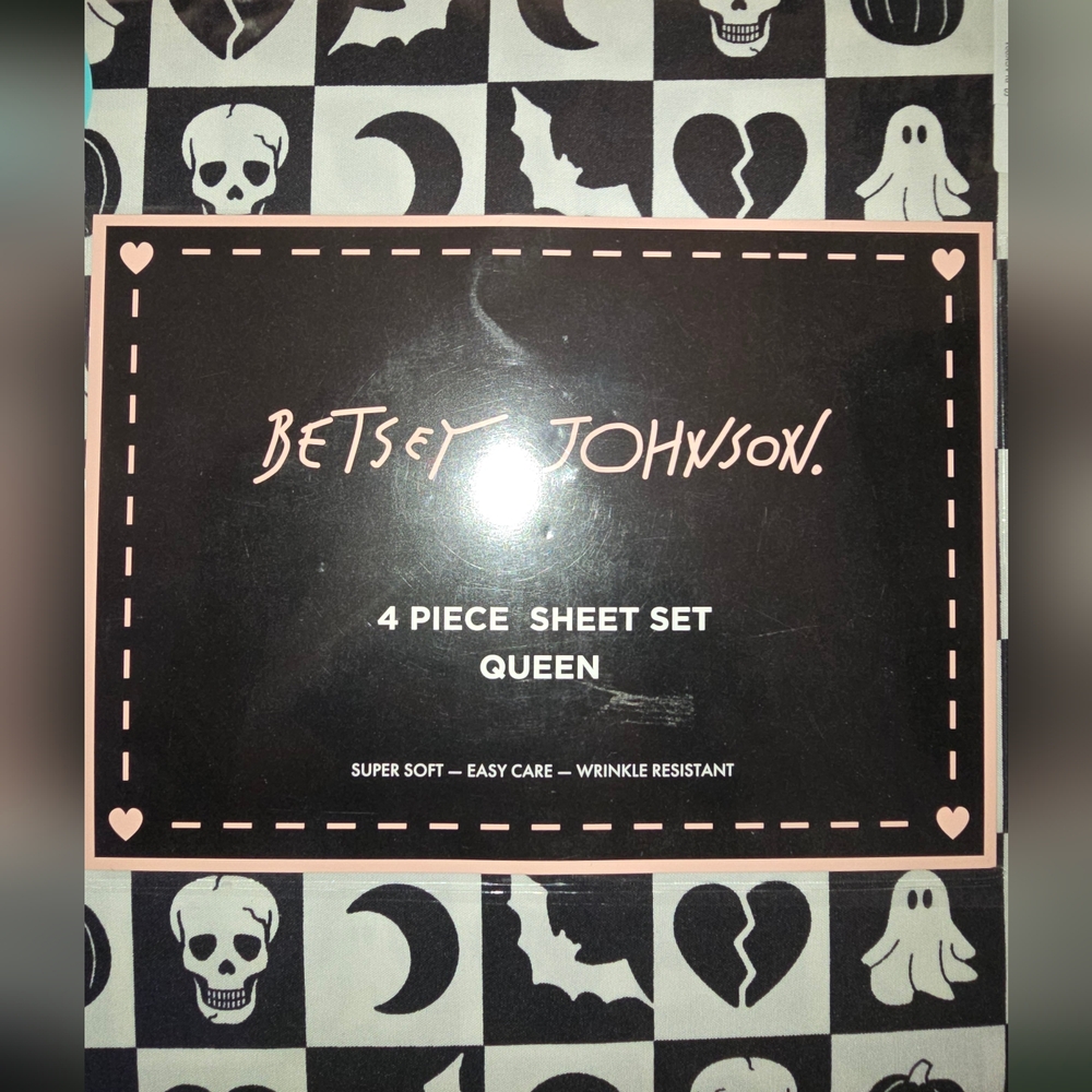 Betsey Johnson Broken Heart Sheet Set Queen Black Checkerboard Skull 💀💀💀💀💀